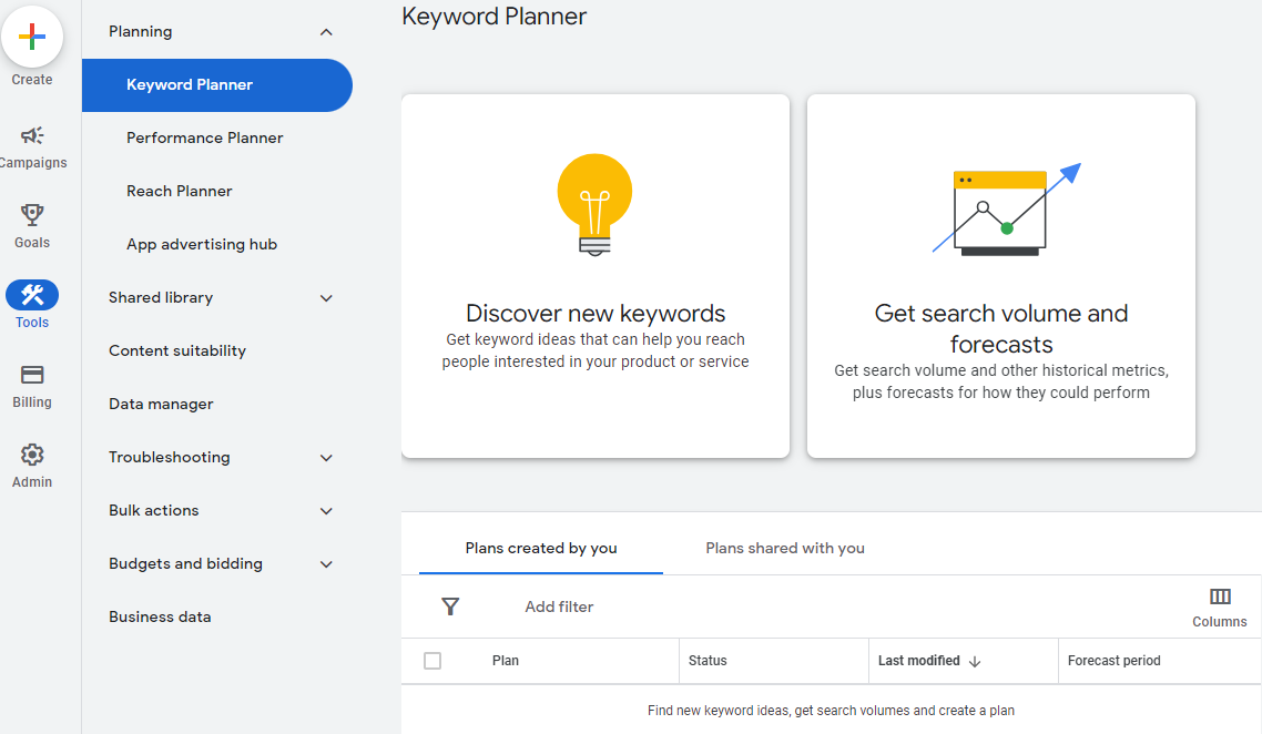 Планировщик ключевых слов в Google Ads